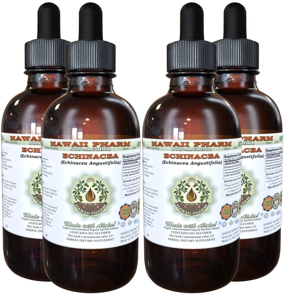 Echinacea Alcohol- Free Liquid Extract, Echinacea (Echinacea Angustifolia) Sušený Root Glycerite Hawaii Pharm Natural Bylinný doplněk 4x4 oz