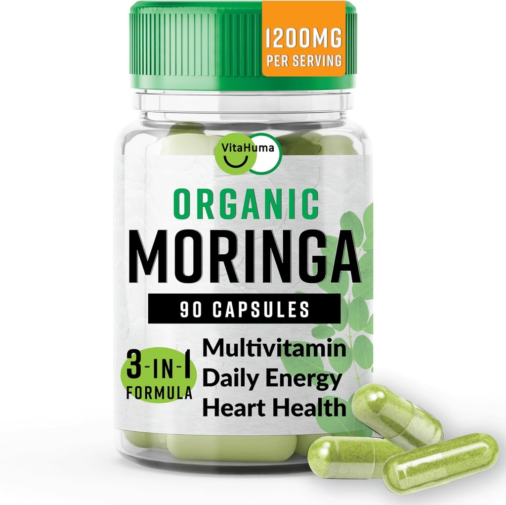 Organic Moringa, Nutricent- Dense Antioxidant Podpora s vitamínem C, A, E, vápník, draslík, železo, hořčík, bílkoviny a aminokyseliny pro hydrataci a energii, Vegan, 1200 MG Per Serving, 90 CT
