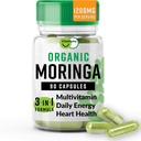 Organic Moringa, Nutricent- Dense Antioxidant Podpora s vitamínem C, A, E, vápník, draslík, železo, hořčík, bílkoviny a aminokyseliny pro hydrataci a energii, Vegan, 1200 MG Per Serving, 90 CT