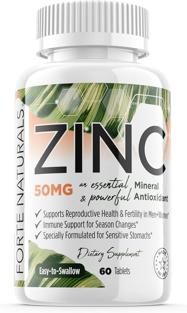 Zinek 50 mg, (60 tablet), Speciálně vyvinutý pro citlivý žaludek, imunitní podpora, kůže & vlasy, vegan zink dodatek, Non- GMO Made in USA