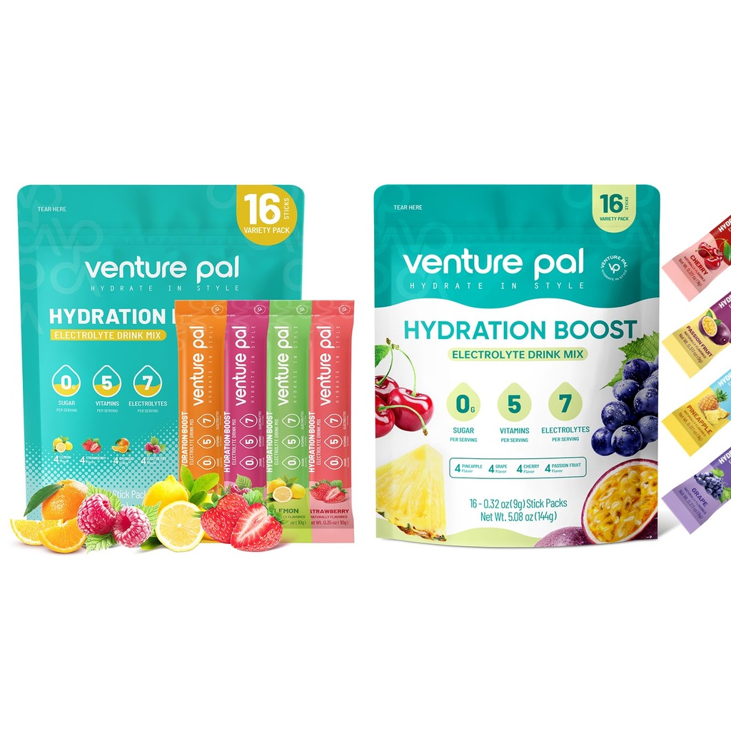 Venture Pal Sugar Free Electrolyte Powder Packets - Liquid Daily IV Drink Mix for Rapid Hydration & Party Recovery 124; 5 Vitamíny & 7 Electrolytes 124; Keto Friendly French 124; Non- GMO French 124; Certified Vegan French 124; 16 Sticks