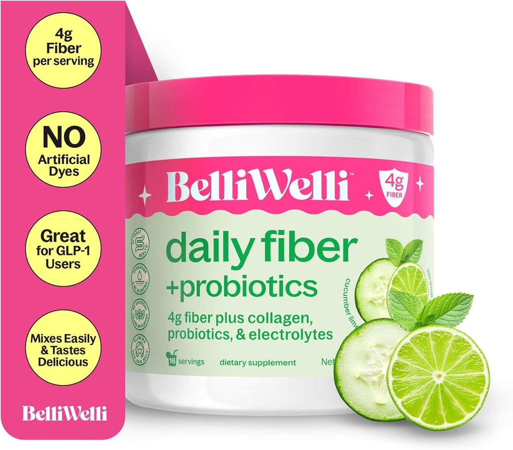 Belli Welli Fiber dodatek pro ženy a muže - Premium Daily Fiber Powder from Organic Acacia with Added Collagen, Electrolytes & Probiotics - No Bloat, Zácpa & Gut Health Support (Cucumber)