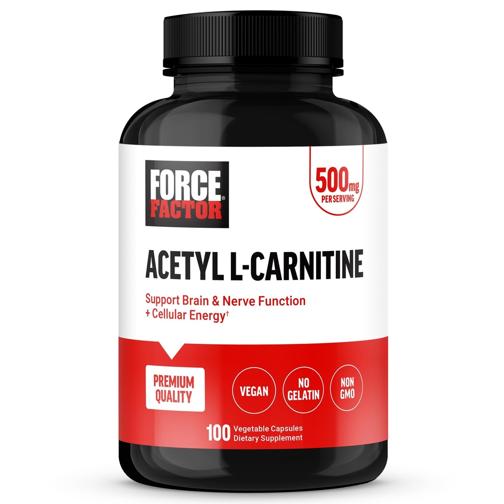 Force Factor Acetyl L- karnitin Mozek Dodatek, Nerve Support Dodatek, a Cellular Energy Booster, Acetyl L- Carnitin 500mg, Premium Quality, Vegan, Non- GMO, 100 Zeleninové kapsle