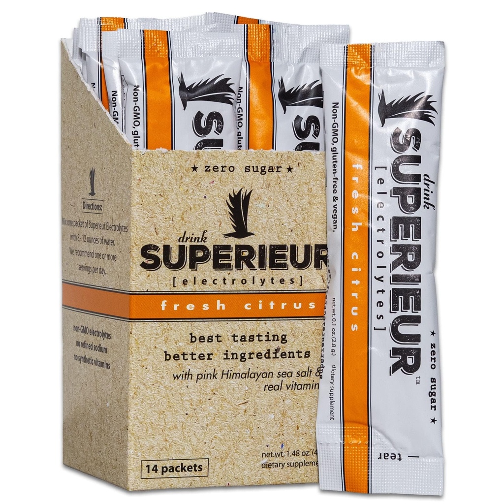 Superieur Electrolyte Powder Packets - Vegan Electrolyte Hydration Powder w / Sea Minerals - Keto Friendly, Non-GMO, Nulový cukr Electrolyte Dodatek - Zdravý sportovní nápoj - Citrus (14 Packets)