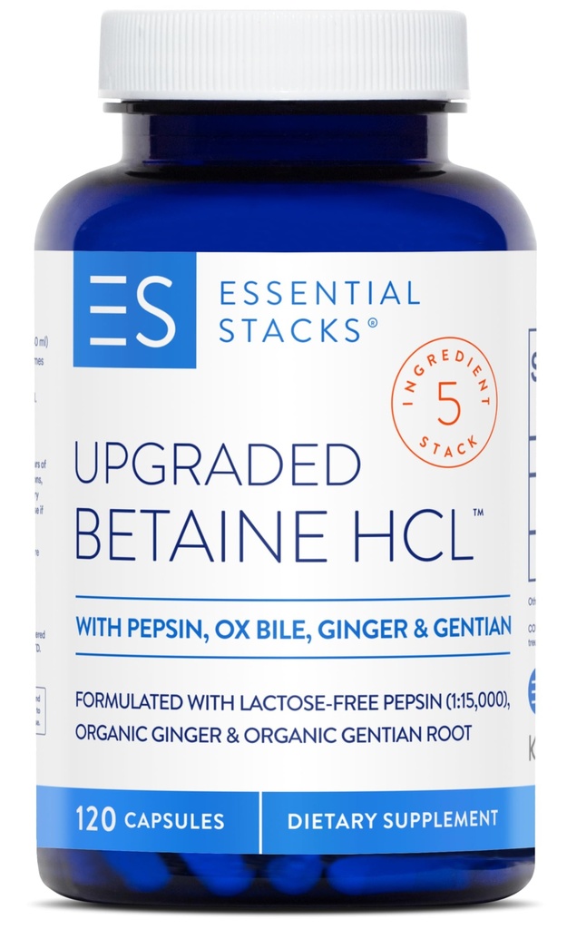 Essential Stacks Betaine HCL s Pepsin, Ox Bile, Organic Gentian & Ginger - Betaine Hydrochloride Supplemente w Digestive Enzymes, Bile & Bitters - Gluten, Dairy & Soy Free (120 Kapsle)