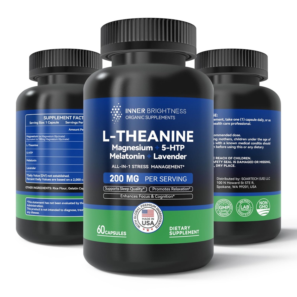 L Theanine 200mg, Magnesium, 5-HTP & Melatonin - All- in-1 L- Theanine dodatek pro stresovou úlevu, Focus & Cognition, Sleep - 60 Kapsle