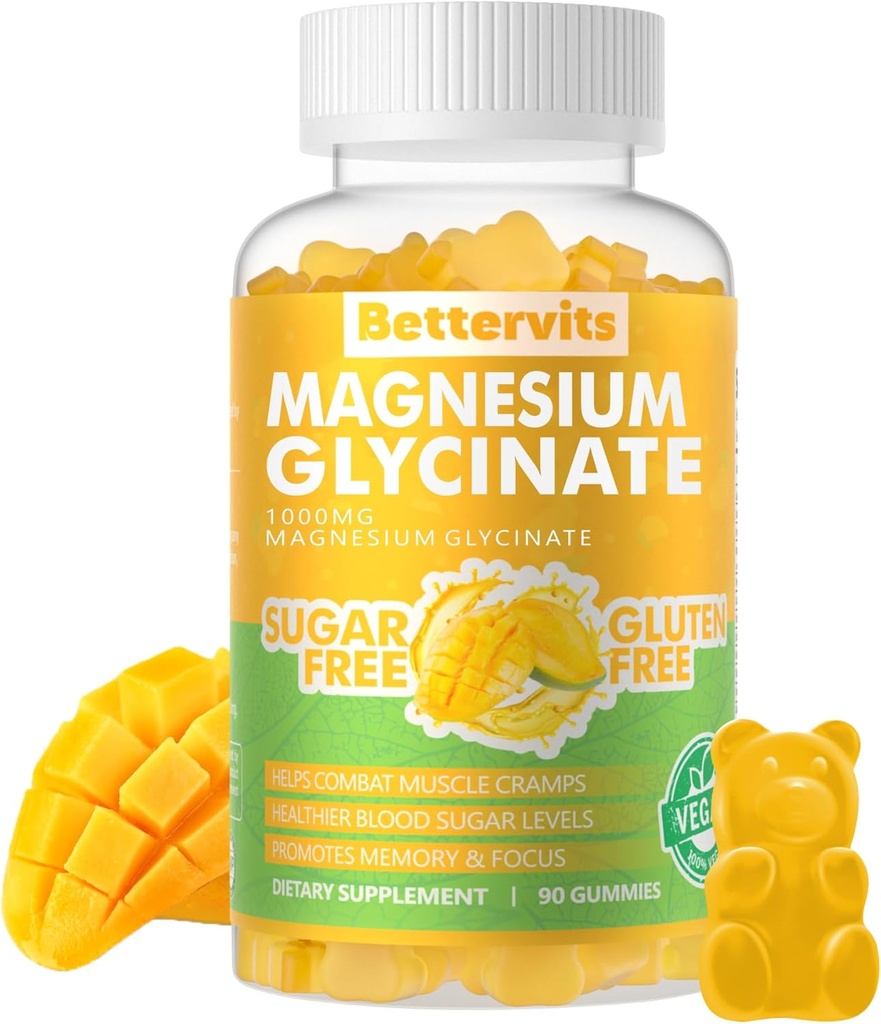 90 CT Glycinátové gumy Magnesium 1000mg - Doplněk hořčíku bez cukru s vitamínem D, B6, CoQ10 pro klidnou náladu a podporu spánku - 90 Mango Ananasové gumy