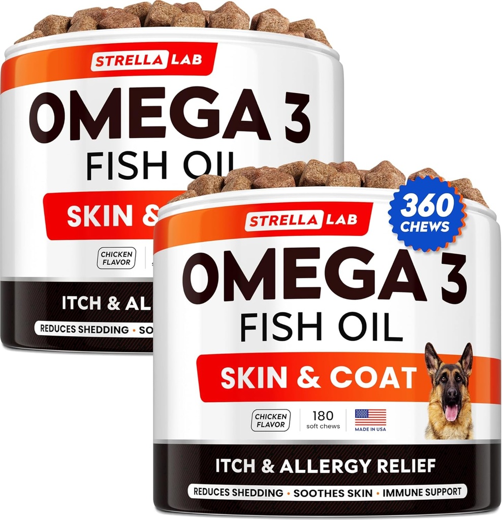STRELLAAB Omega 3 pro psy - (360Ct) Fish Oil Treats - Alergie & Itch Relief Skin & Coat Supplementer - Suchá ltchy Skin, Anti Shedding & Hot Spots Treatment - Pet Salmon Oil Chews - Chicken Flavor