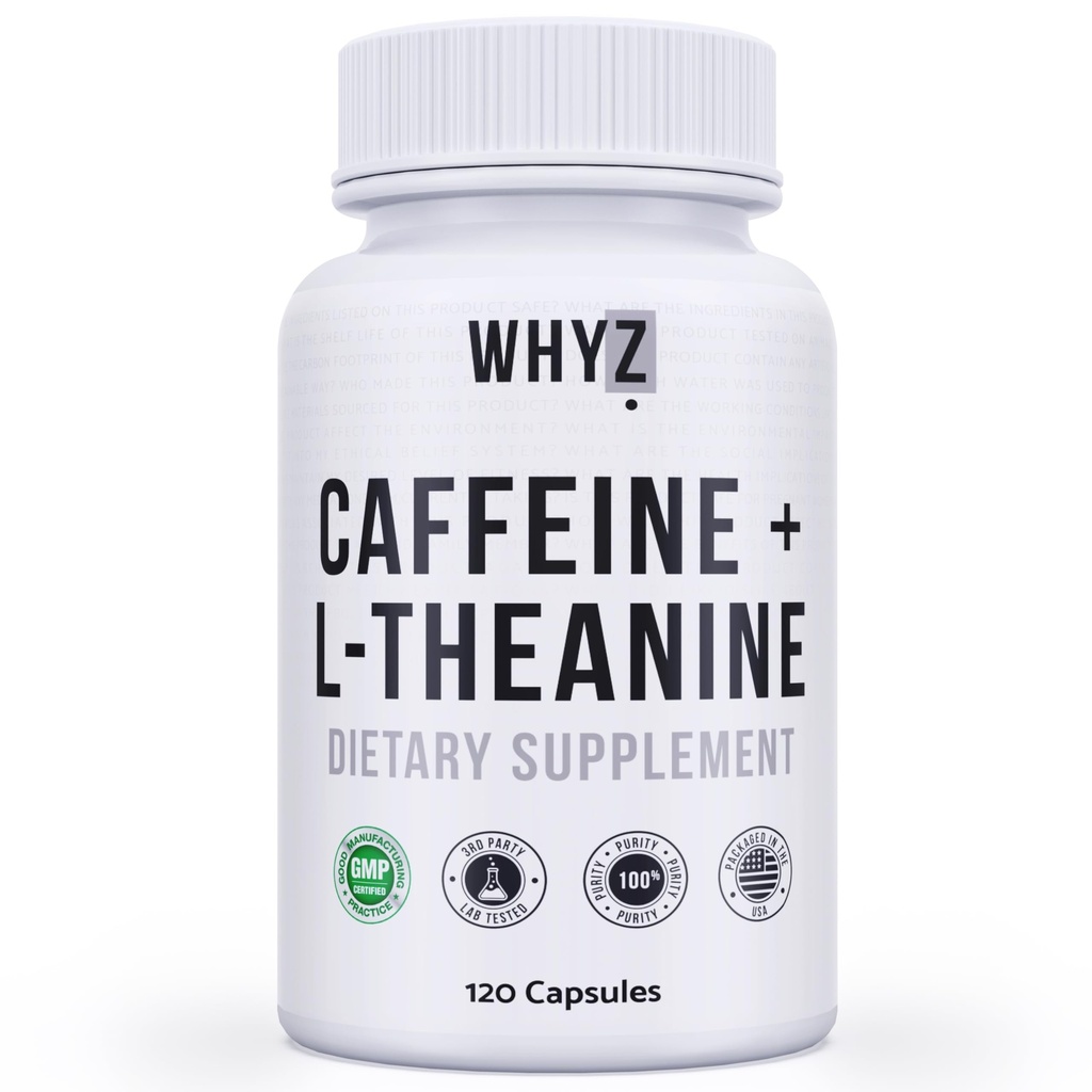 WHYZ Kofein pilulky s L- Theanine, 120 Kapsle, Nootropní zásobník Energy Pills, Energy Vitamíny pro trvalou energii a kognitivní funkce, L Theanine Kofein energetické doplňky pro ženy a muže