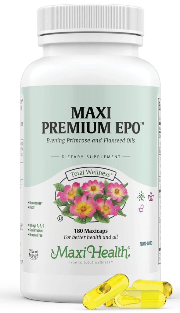 Maxi- Zdravotní večer Primrose a Flax Seeds Oil Softgels - Vegan Omega 3 6 9 Doplňky pro zdravou pleť, vlasy, a sponky - Kosher Certified, Organic Evening Primrose Oil Softgels, 180 Počet