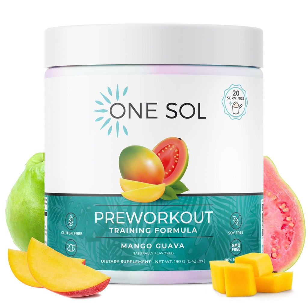 Jeden Sol Pre- cvičení pro ženy, Vylepšené čerpadlo & Focus, No Jitters or Crash, Přírodní ingredience, 100% Vegan, Gluten Free & Soy Free, (Mango Guava)
