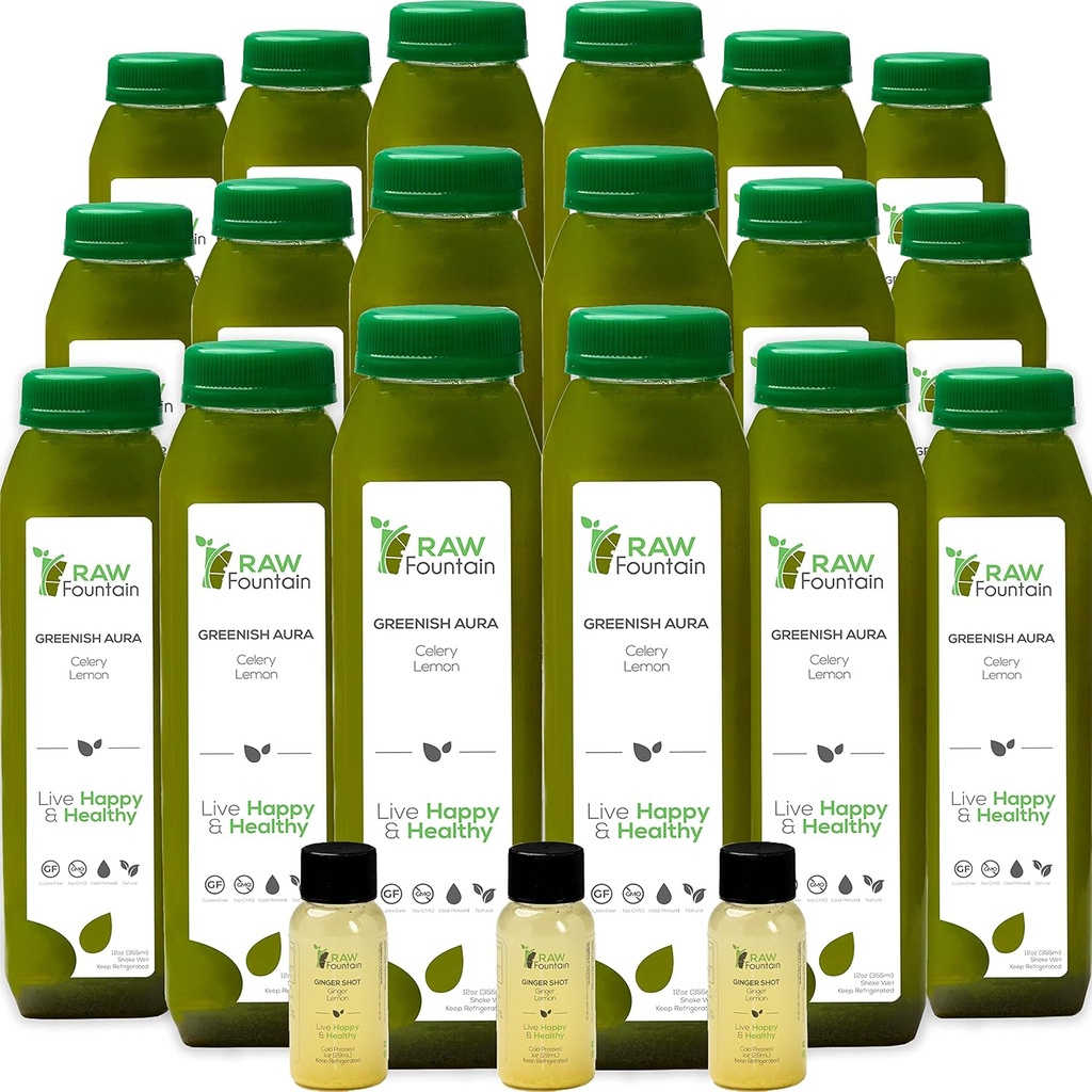 Celery Juice Cleanse by Raw Fountain, Všechny přírodní syrové, Studené lisované šťávy, Morning Detox Cleanse, 30 Lahve 12oz, 5 Bonus Ginger Shots