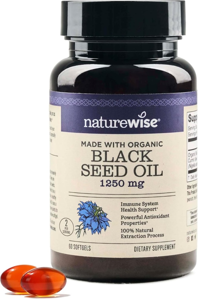 NatureWise Black Seed Oil Softgels 1250 mg - se 100% organickou studenou lisovanou Nigella Sativa - Omega 3 6 9 - Antioxidační imunitní podpora, vlasy & kůže - Non- GMO, gluten- Free - 60 Softgels [1-Month Supply]