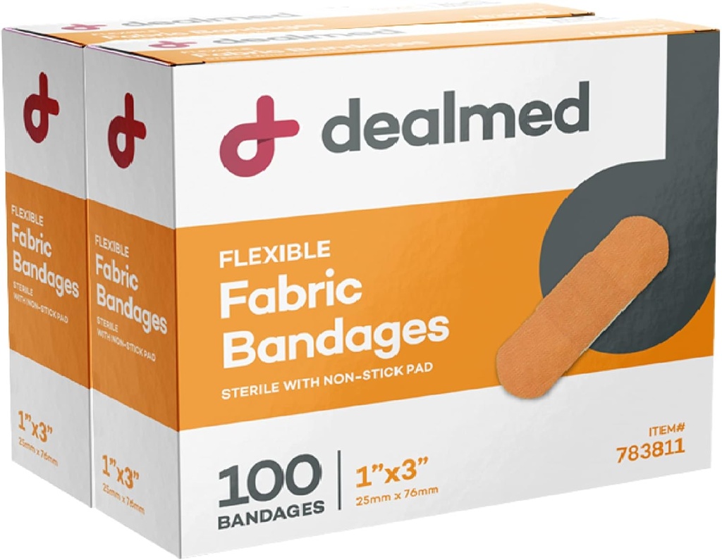 Dealmed Sterilní Flexible Fabric Adhesive Obvazy - 1x3 Inch - 100 / Box - 2 Boxy - Dýchací první pomoc Strip Pack - Měkké Stretch Wound Patch for Medical, Emergency Kits & Clinic