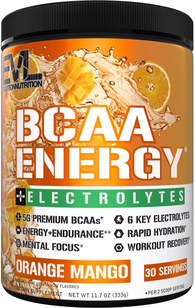 EVL BCAA Aminokyseliny Powder - BCAA Energy Pre Workout Powder for Muscle Recovery Lean Growth and Endurance - Rehydratační příspěvek Recovery Drink s 6 klíčovými elektrolyty - Orange Mango