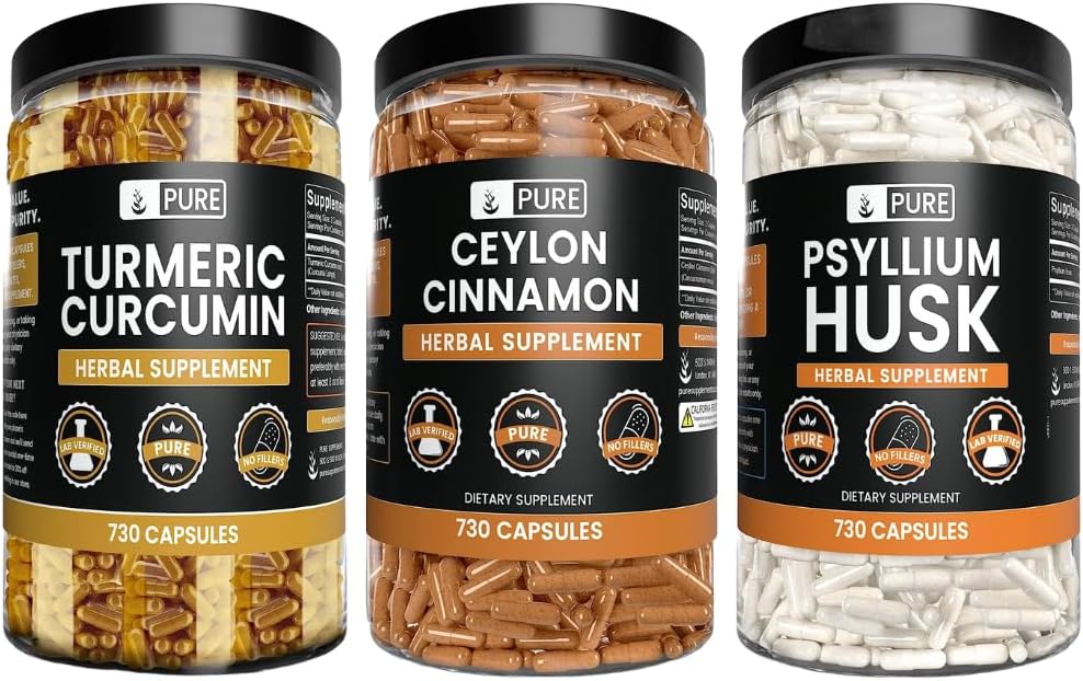 PURE Original INGREDIENTS Ceylon Cinnamon, Psyllium Husk, a Turmeric Capsule Bundle (730 Kapsle každý), Ne hořčík nebo rýžové plniva
