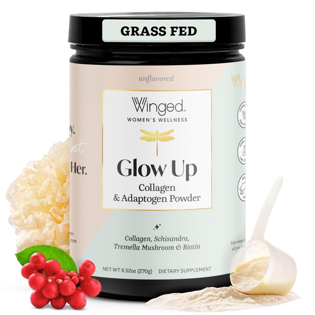 Winged Wellness Glow Up, Kolagen prášek pro ženy - Vlasy, kůže a nehty Kosmetický dodatek s Grass- Fed Hydrolyzované kolagen Peptidy Adaptogeny, Vitamin C & Biotin - 25 Služeb, Neochucené