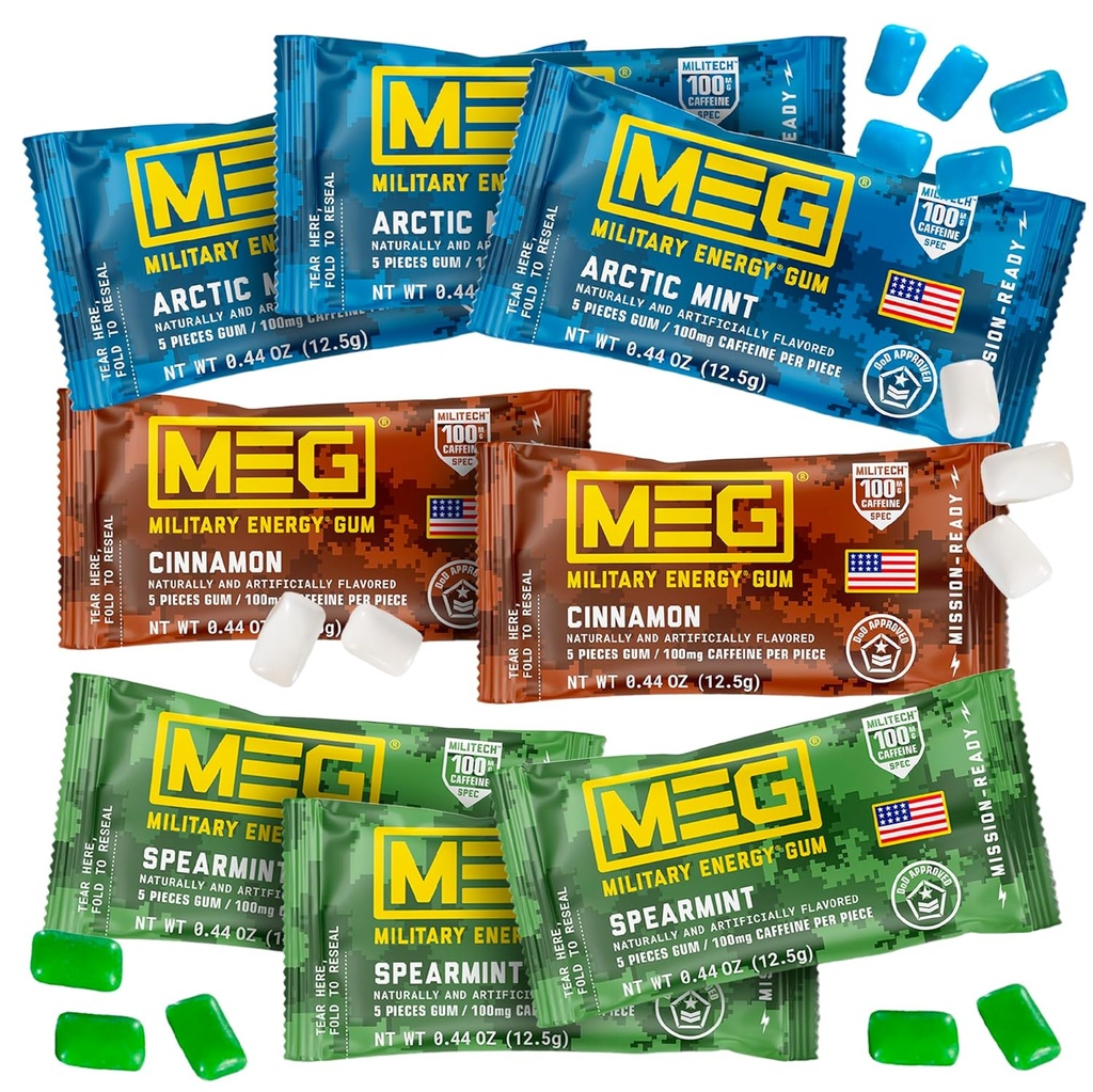 MEG - Vojenská energetická guma 124; 100mg kofeinu na kus + zvýšení energie + zvýšení tělesné výkonnosti + Multi Flavors of Arctic Mint, Spearmint, a Skořice + 8 Balení (40 Počet)