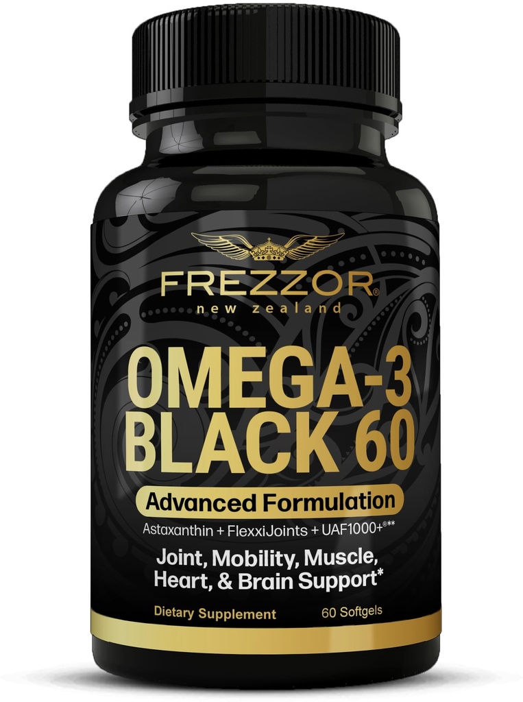 FREZZOR Omega 3 Black for Joint Care & Comfort - Nový Zéland Green Lipped Mussel Oil Capsules; 53x Vyšší potence s UAF1000 + Super Antioxidant, No Fishy After taste, 1- Pack, 60 Softgels