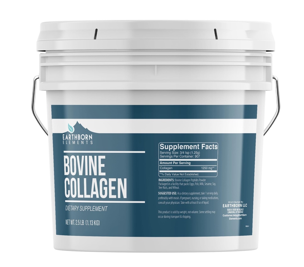 Pozemské prvky Bovine Collagen Peptides Powder 1 Gallon Bucket, čistý a neředěný, dodatek stravy