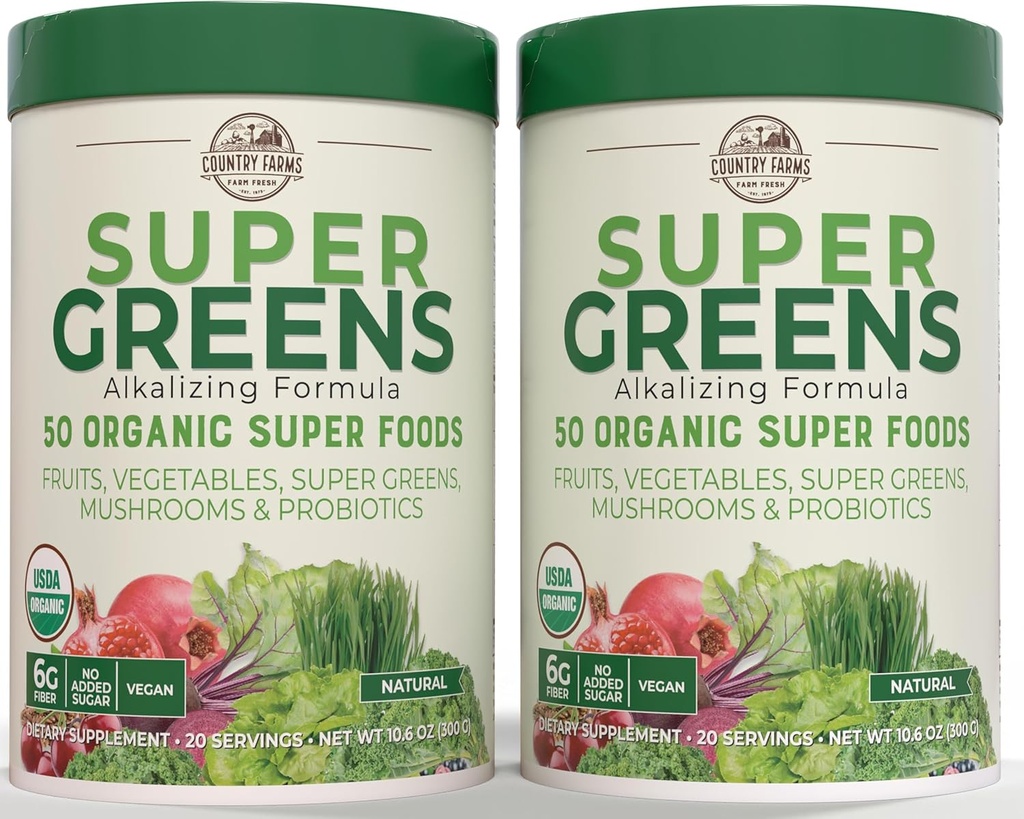 Country Farms Super Green Natural Flavor, 50 Organic Super Foods, USDA Organic Drink Mix, Ovoce, Zelenina, Super Green, Houby & Probiotika, Podporuje energii, 40 Služeb, 10.6 Oz, 2 Pack