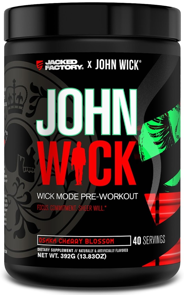 Jacked Factory X John Wick - Wick Mode Pre Workout Powder - Intenzivní energie, Battle-Ready Focus, nezastavitelný závazek, a Sheer Will - 40 Služeb, Osaka Cherry Blossom