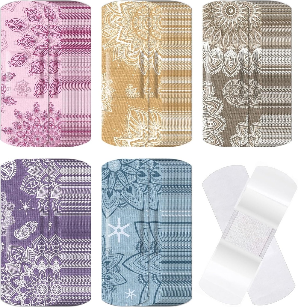 120 Pcs Fabric Adhesive Flexible Bandages Bulk Tříděné tvary a vzory malé barevné Pretty Fabric Bandages s Non Stick Pad 3 x 1 Inch pro Cuts Wound Scraps Women (Mandala)