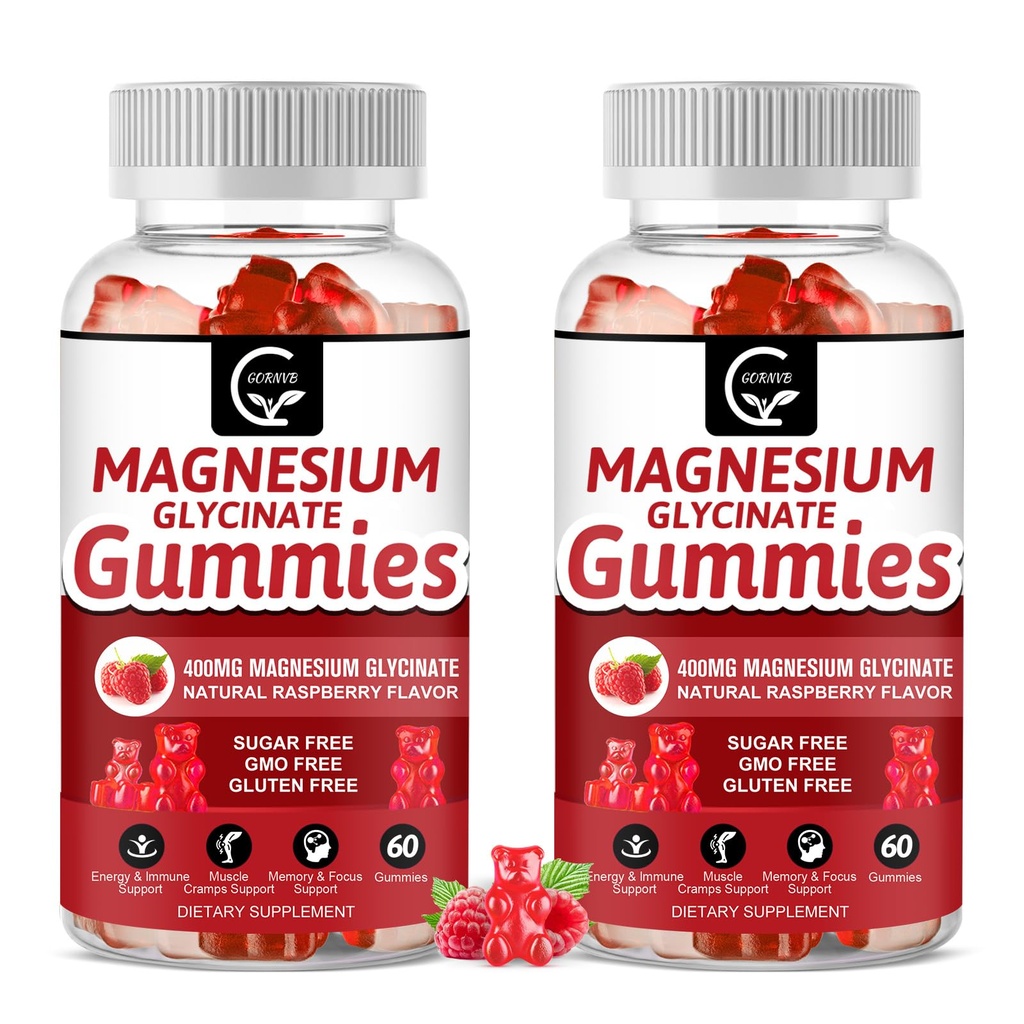 Glycinát hořečnatý Gummies 400mg, Mg doplněk draslíku s chelatovaným komplexem malátu hořečnatý, vitamin D, B6 a CoQ10, podpora pro paměť, klid, nádech a spánku - 60 Počet (balení po 2)