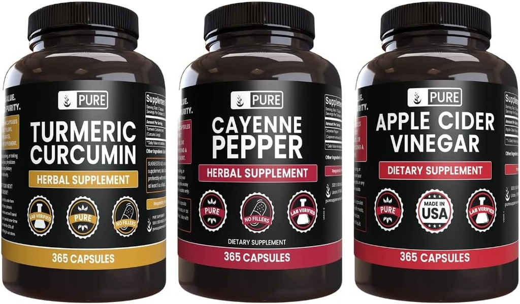 PURE ORIGINAL INGREDIENTS Cayenne Pepper, Turmeric Curcumin, Apple Cider Ocet Bundle (365 Kapsle)