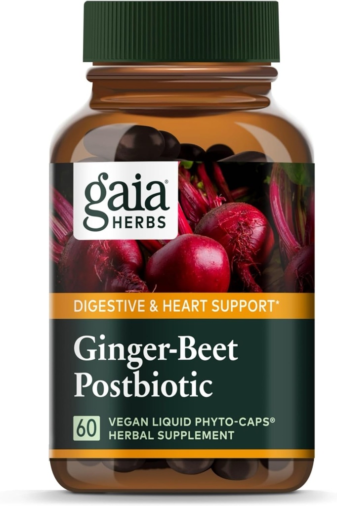 Gaia Bylinky Ginger- Beet Postbiotic - Doplněk pro Gut & Heart Health Support - Made with Organic Fermented Beets & Ginger - Bez mlékárenských, sojových a gluten - 60 Veganských kapslí (30 Služeb)