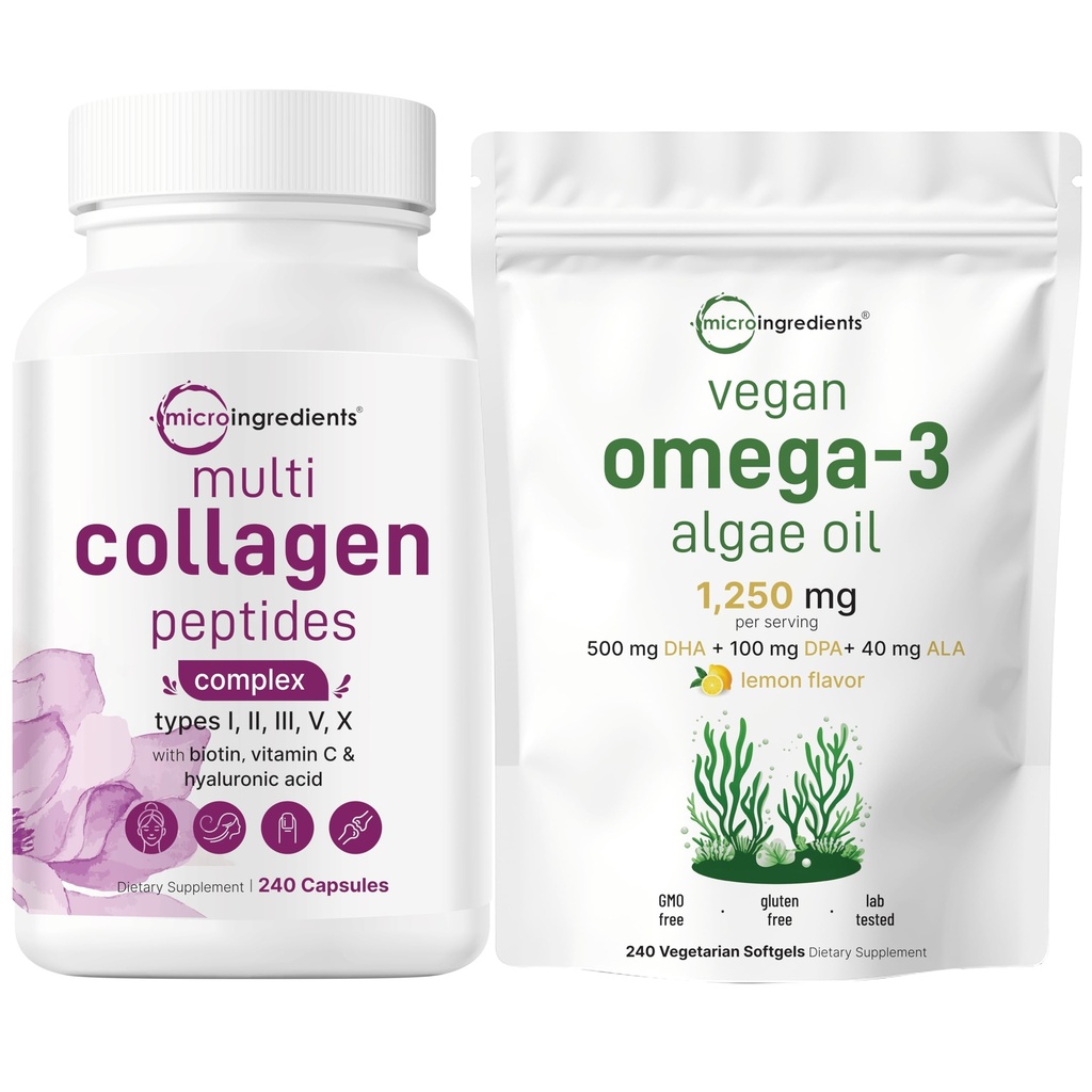 Micro ingredience Multi Collagen Complex & Vegan Omega 3 Řasy olejový dodatek Bundle 2 Balení 124; Grass- Fed Collagen Peptides phys124; Omega33 Full Spectrum Alternative to Fish Oil