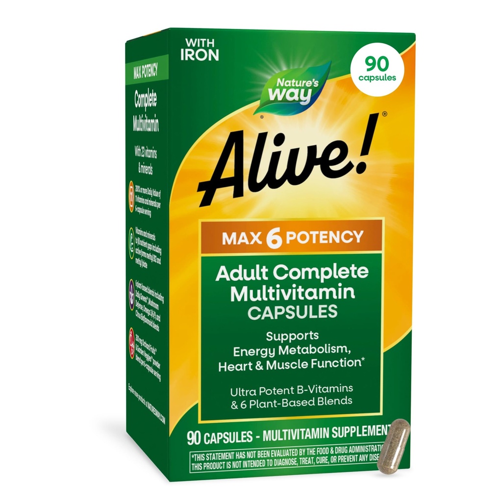 Příroda žije! Max6 Potency Adult Multivitamin, se železem, Vitamíny A, C, E & B-Vitamíny včetně Methylovaný B12 & Folát, podporuje energetický metabolismus *, 90 Kapsle (Balení květen Vary)