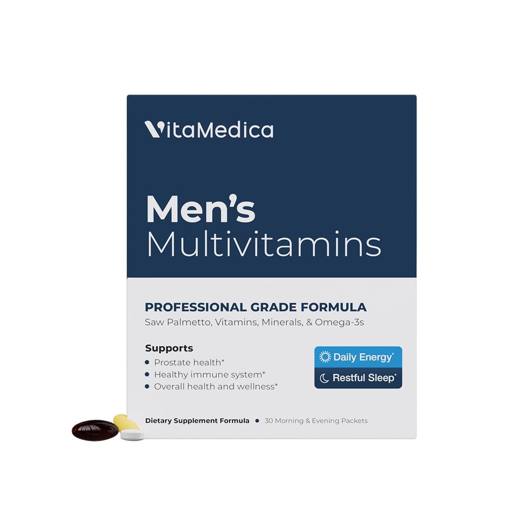 VitaMedica Men 's Multivitamin s podporou zdraví Prostate 124; Vitamíny, Minerály, Omega3s a Saw Palmetto 124; Box 30 Easy Daily Packs 124; Podporuje přírodní energii a spánek 124; Svalovina, Společné zdraví