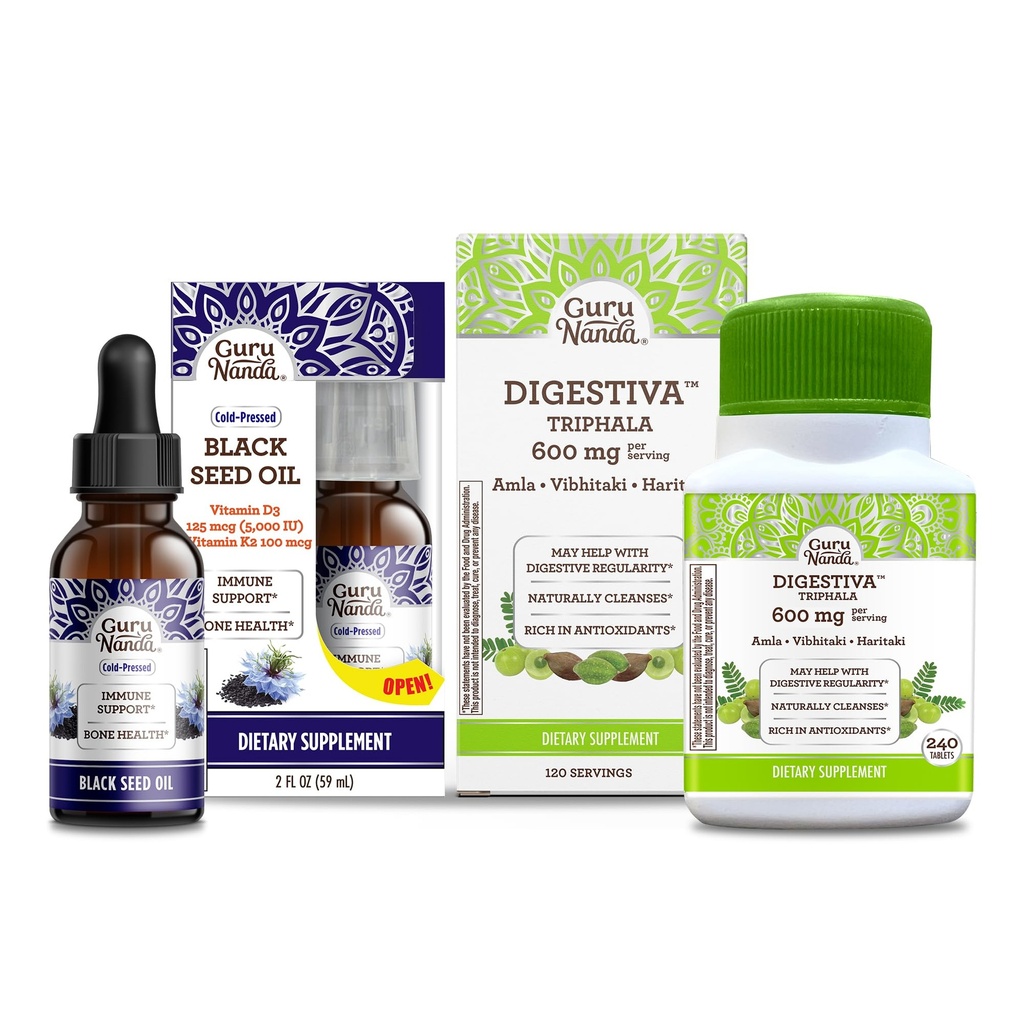 Gurunanda Black Seed Oil, Cold- Pressed Nigella Sativa - Bohatá na vitamín D3 5000 jednotek & Digestiva Triphala (240 tablet), Podporuje Digestion, Pomáhá s nadýmání