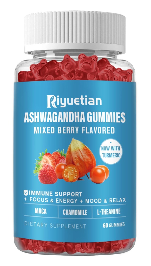 Ashwagandha Gummies for Women & Men - Stress Relief, Imunitní podpora a zvýšená energie - Bez cukru, Vegan - Organic Ashwagandha Root Supplements Gummy- Přírodní jahodové aroma (60 Počet)