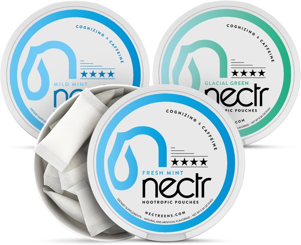 Nectr Energy Nootropní Pouches Mint Mix - Caffeine Pouches s Cognizin Citicoline. 3 Chutě: Mírná a čerstvá mincovna, a ledovcová zelená. Sugar- Free, Nicotine Volný klid Focus & Energy Dodatek