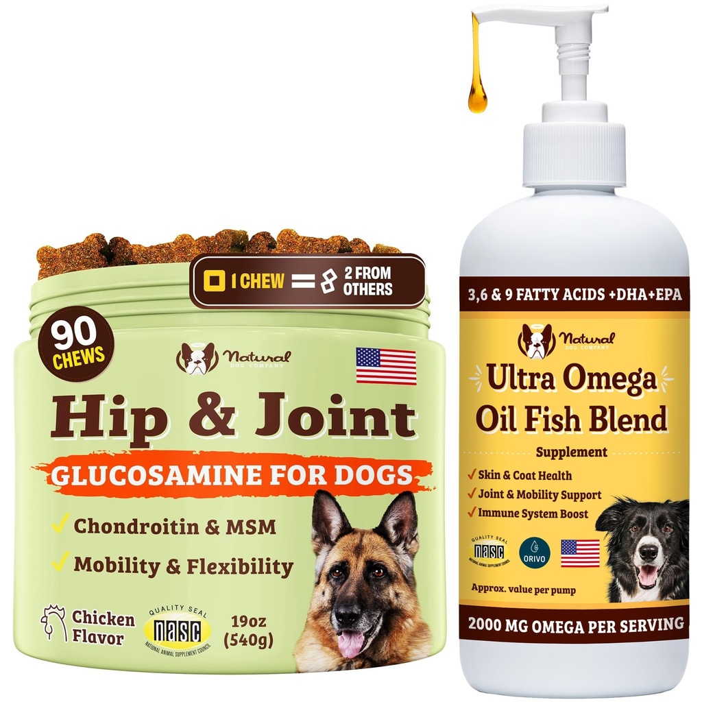 Natural Dog Company Psí Vitality Dog Vitamíny a doplňky Bundle, Zahrnuje (1) Hip a Joint Chews Supplement- 90 ks cosexin pro psy, (1) Ultra Omega Fish Oil 16 Oz Omega 3 Fish Oil pro psy
