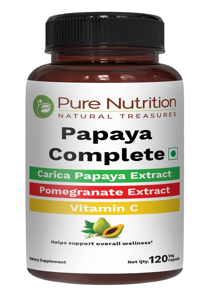 Čistá výživa Papaya Kompletní 124; 120 Caps CARL 124; Carica Papaya Leaf Extract with Iron, VIT C, VIT A & Folic Acid CARL 124; Podporuje imunní destičky & Digestion Non- GMO CARL 124; Gluten- Free