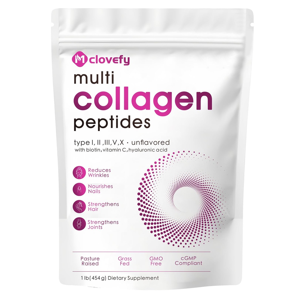 Multi Collagen Peptides Powder, 16 Oz (41 Servings) - dodatek k proteinům, typ I, II, III, V, X s hyaluronickou kyselinou, vitamín C a biotin, bez příchutí, snadno míchá v nápojích