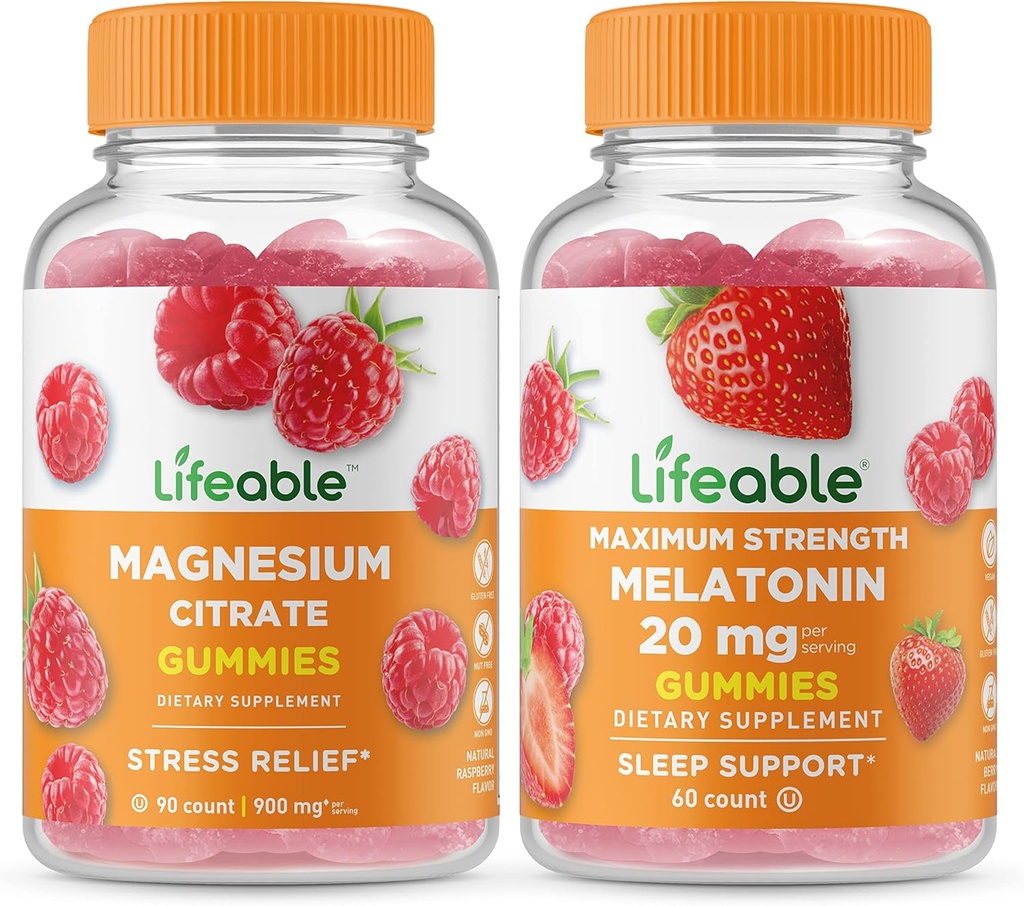 Lifeable Magnesium + Melatonin 20mg, Gummies Bundle - Velký Ochutnávání, Vitamin dodatek, Lepek zdarma, GMO zdarma, Žvýkací žlab