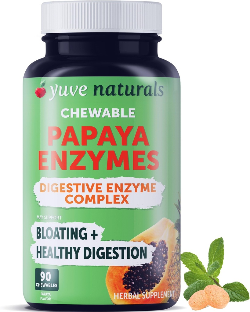 Yuve Natural Papaya Digestive Enzymes - Sugar- Free Chewable Candies - Promotes Better Digestion - Zácpa & Bloating Aid, Detox, Leaky Gut Relief & Gas Relief - Vegan, Non- GMO, gluten- Free - 90ct