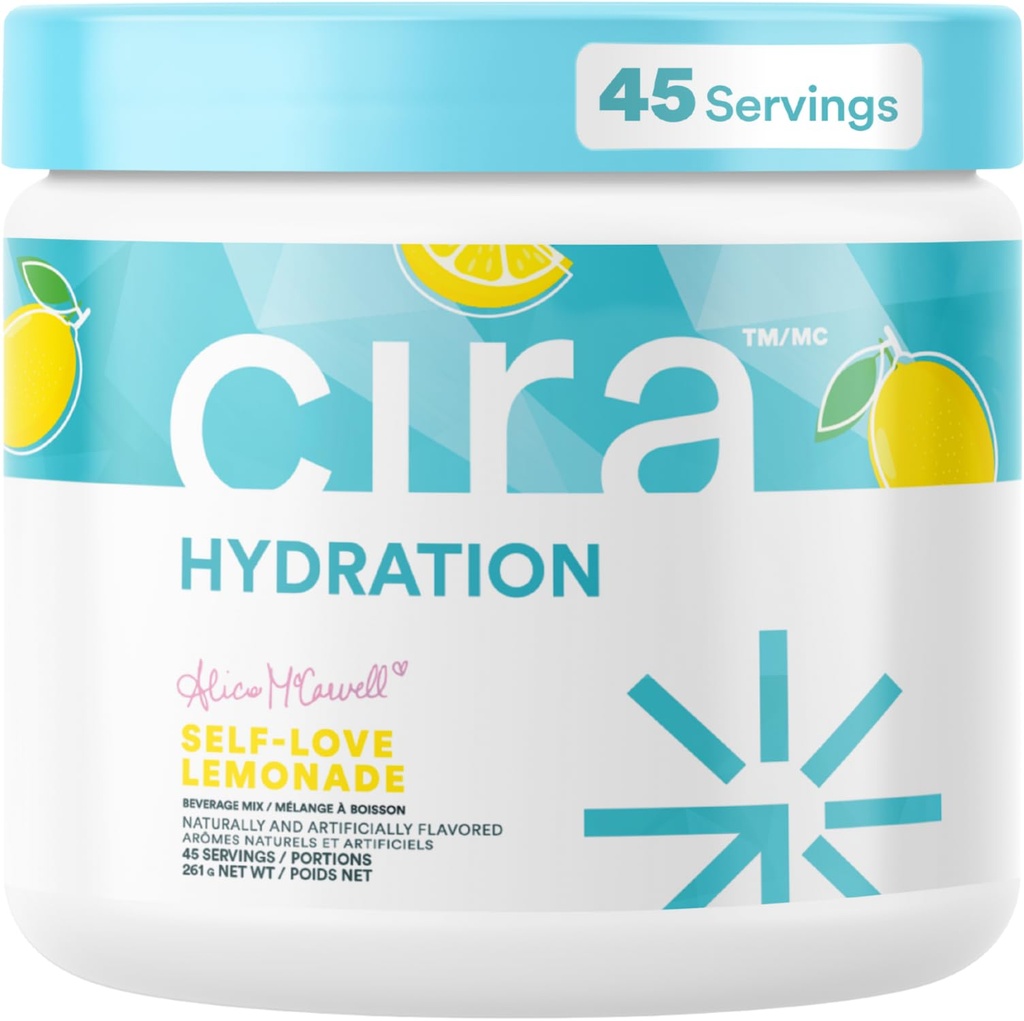 Cira Hydration Powder x Alicia McCarvell 's Electrolyte Drink Mix s Himalayan Salt for Dehydratation Relief and Recovery - Self Love Lemonade, 45 Servings