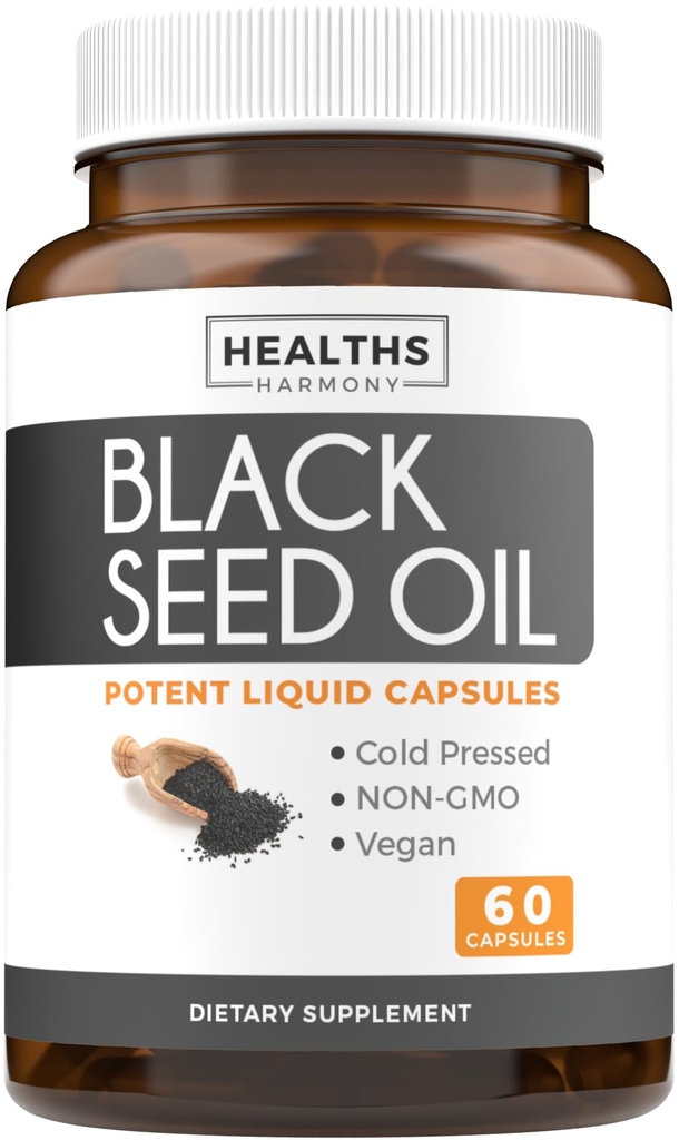 Black Seed Oil - 60 Softgel Kapsle (Non- GMO & Vegan) Premium Cold- Pressed Nigella Sativa Production Pure Black Cumin Seed Oil with Vitamin E - 500mg One, 1000mg per 2 Capsule Serving