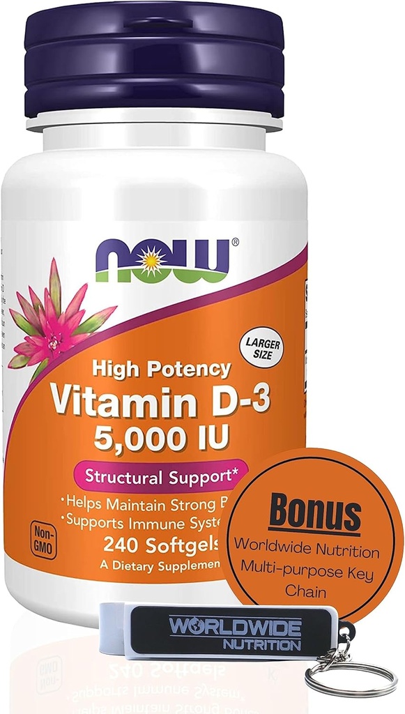 Celosvětové nutriční nyní doplňky vitamin D3 5000 IU Softgels - High potency Formule pro strukturální podporu D 240 Počet vitaminu, Organic & Keychain
