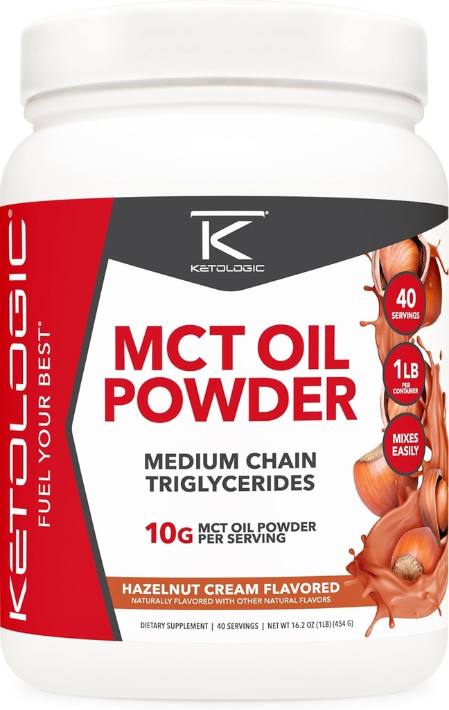 Ketologický MCT olej Powder Hazelnut Cream (1 LB) - Keto Coffee Creamer & Energy Support - 41 Servings of Medium Chain Triglycerides for Focus & Fuel
