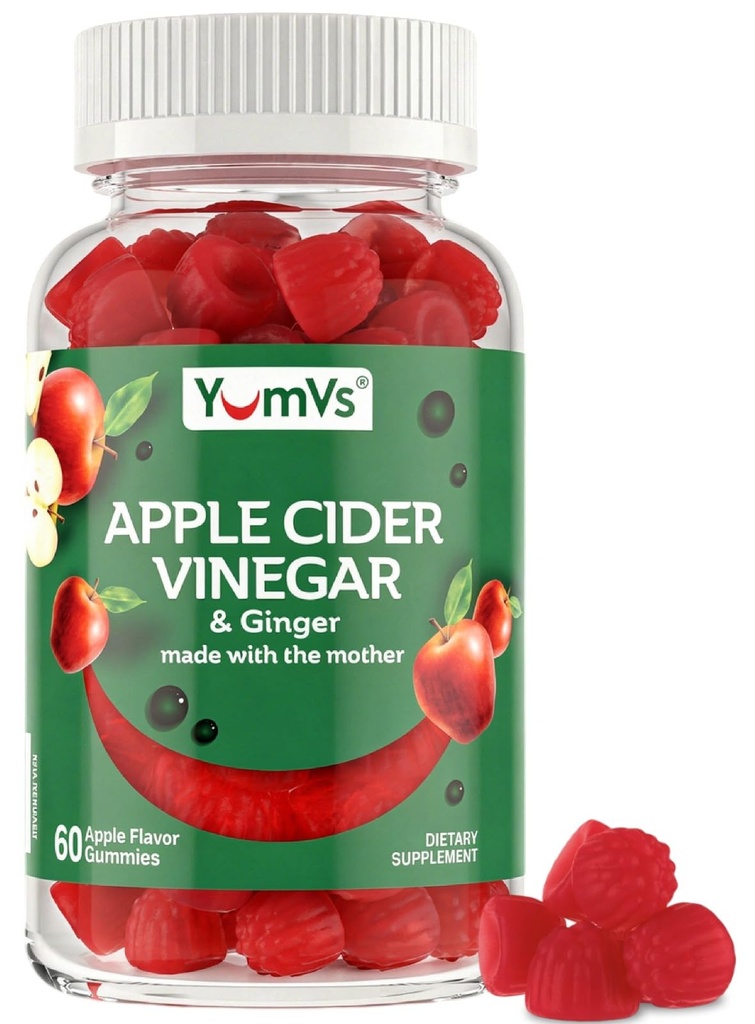 YUM-V 's Apple Cider Ocet Gummies - ACV Gummies with Ginger & The Mother - Podporuje metabolismus, Vitality & Daily Wellness - Přírodní Apple Flavor Vegan, Non- GMO, Gluten- Free, Cider Gummy - 60 Počet