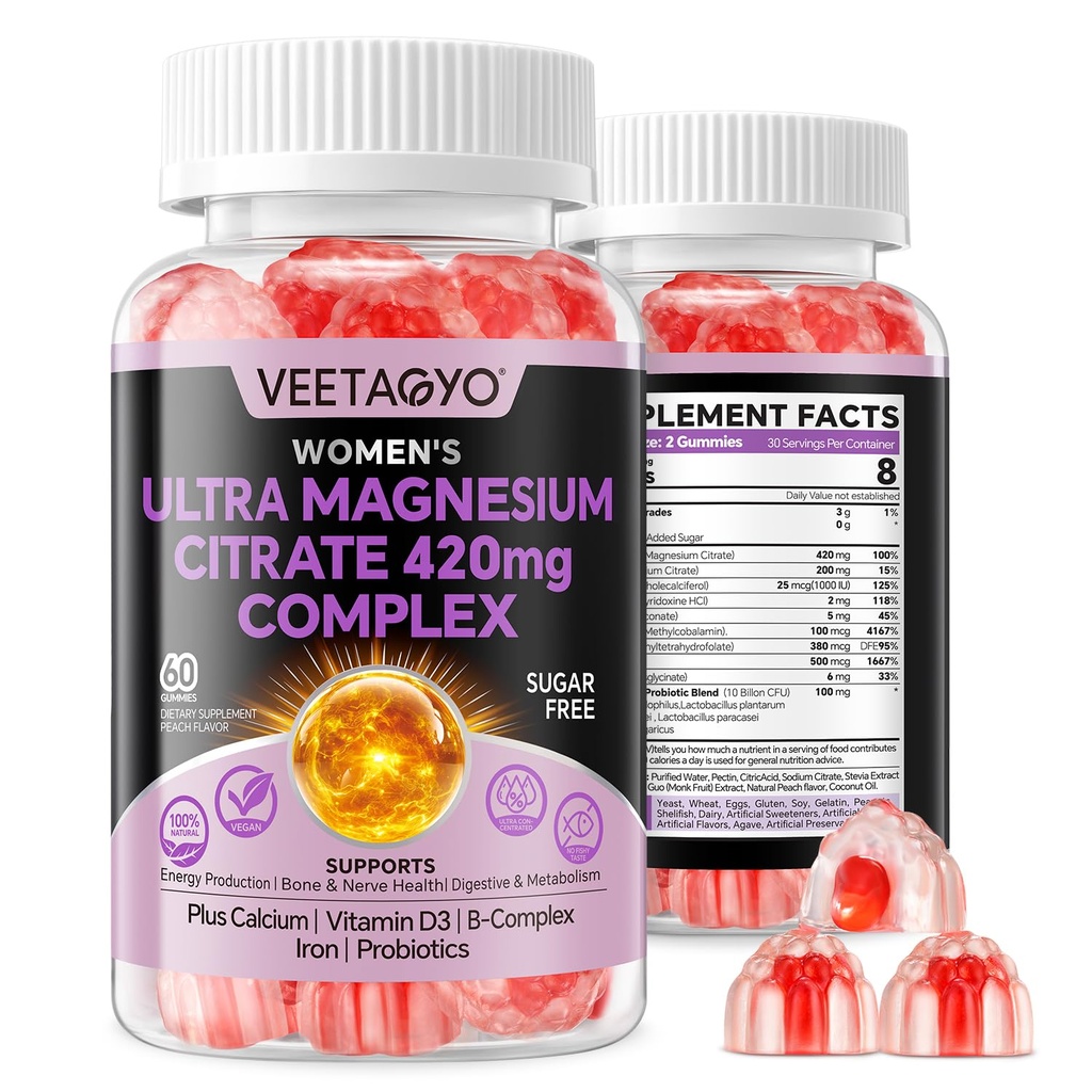 Magnesium Citrate Gummies 420mg pro dospělé - Dual Layer - w / 10 Miliardy CFU - 5 Strains Probiotika & vápník, D3, Biotin, Železo, B6, B12, Folát, Podpora kosti, Nerve, Relaxace, Svalovina - Vegan 60Cts
