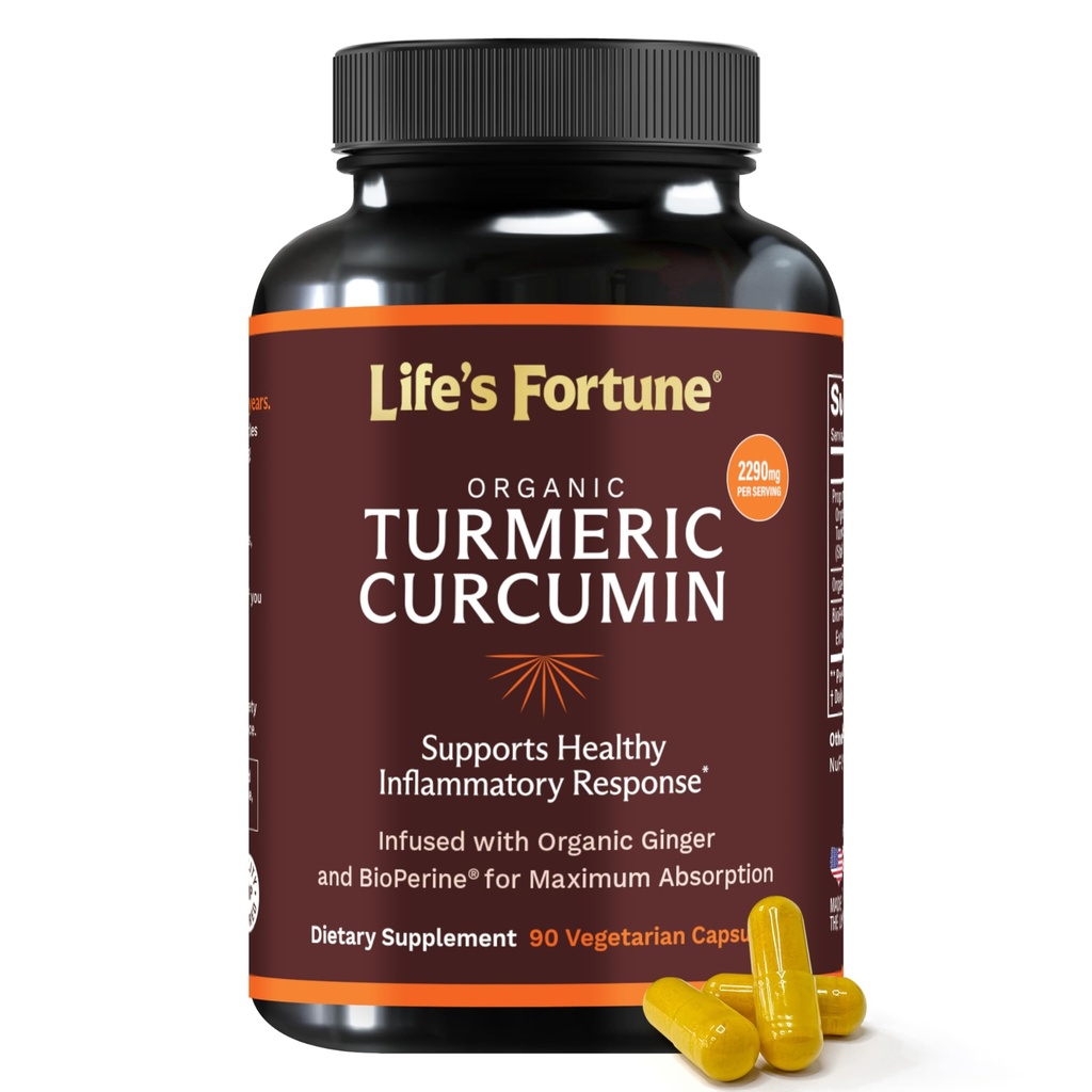 Life 's Fortune Organic Turmeric Curcumin with Black Pepper and Ginger, Enhanced Absorption, Extra Strength Supplement, Joint & Immunication Support, Non- GMO, 90 Cap - 2250mg