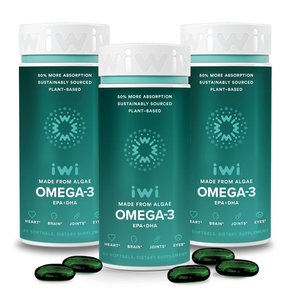 Iwi Omega-3, 90 Softgels (90 Služeb), Vegan Plant- Based Algae Omega 3 s EPA + DHA, Whole- Body Support Dieteal Supplement, Krill & Fish Oil Alternative, No Fishy Aftachute