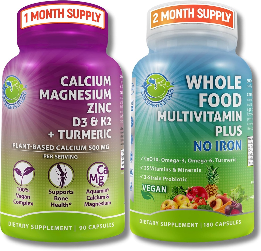 DOPLŇKOVÉ STUDIO Denní imunní, Kostní a energetická podpůrná pouzdro pro muže a ženy - Vegan All Food Multivitamine Without Iron & Plant- Based Calcium Magnesium with D3, K2 & Turmeric - Vegan, Non- GMO
